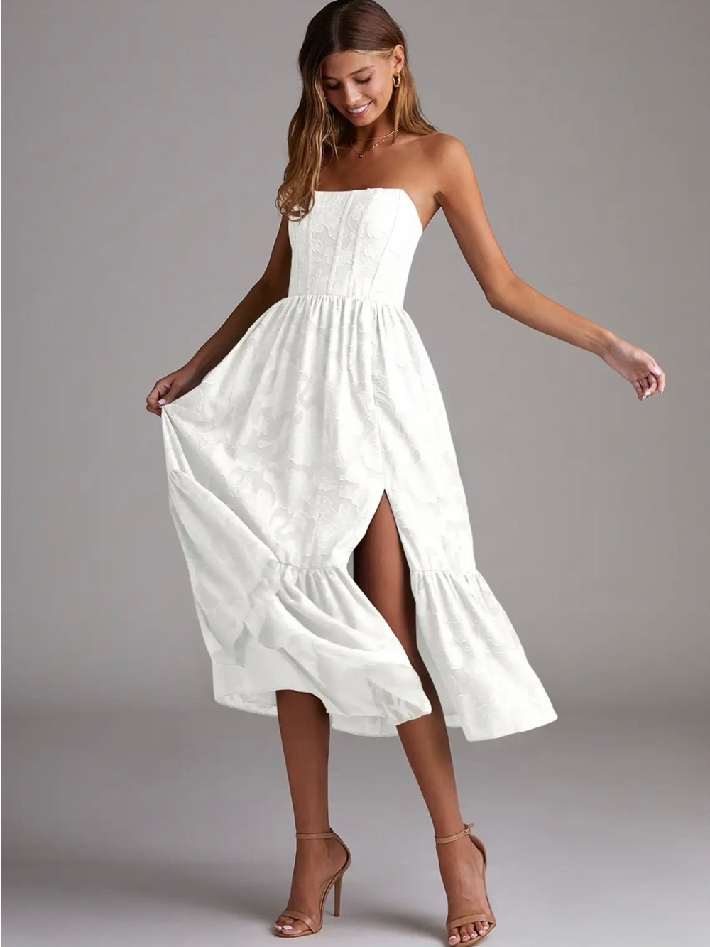 Bridal Strapless White Midi Dress with Side Slit!